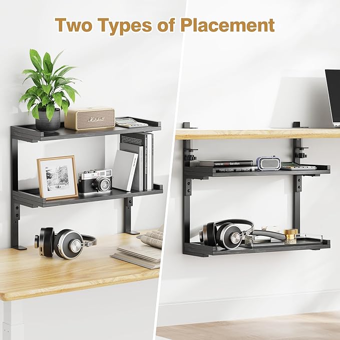 ART-GIFTREE Clamp On Desk Shelf 2-Tier, 16.5 in Wood Shelving Unit for Office Desk/Gaming Accessories, Tabletop Book Storage Rack, Shelf for Top of Desk, Black