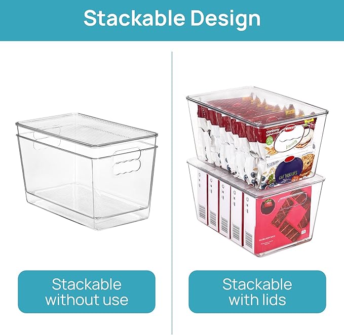 Vtopmart 12 Pack Clear Stackable Storage Bins with Lids, Large Plastic Containers with Handle for Pantry Organizer and Storage,Perfect for Bathroom,Cabinet,Kitchen,Fridge,Closet Organization