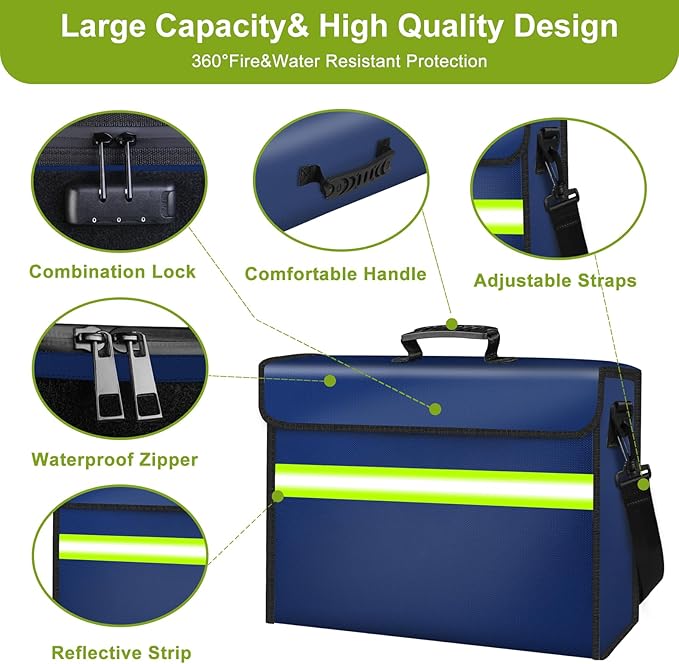 Large Fireproof Money Bags with Lock-6500°F Fireproof Document Box,10 Layers Insulation Materials&Waterproof Zipper,Removable Folder Layers/Wallet,Reflective Strip for Valuables(16.5”x 12.4”x 5.5”)