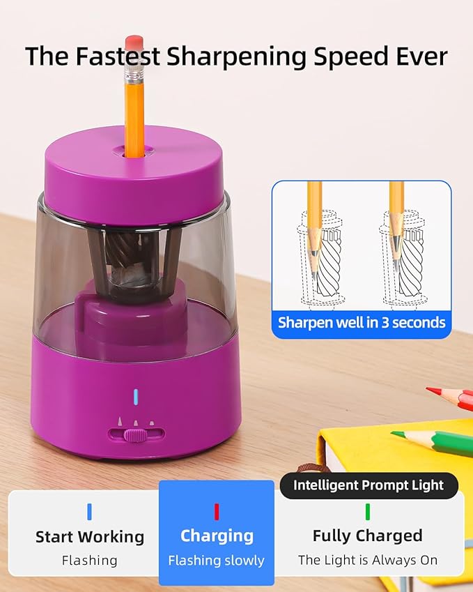 ZMOL Electric Rechargeable Pencil Sharpener, Automatic Pencil Sharpeners Kids, Battery Pencil Sharpeners for Colored Pencils, Auto Stop, Suitable for No.2(6-8mm), School/Home Pink