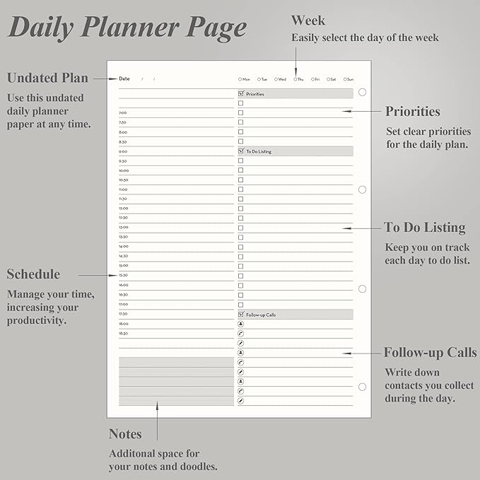 [EMSHOI Daily Planner Refill 8.5" X 11.5", 80 Sheets, 160 Pages Ring Binder Planner Inserts, Thick Cream Color Refill Paper, 100 GSM Loose Leaf, Paper Refills with Gift Box]