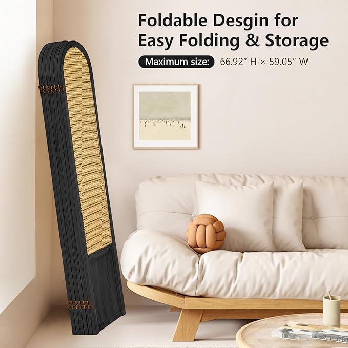 Asnefeli Room Divider 4 Panels, Folding Privacy Screen, Foldable Wood Rattan Room Divider Panel, Portable Partition Screen, Wall Divider for Room Separation Bedroom Home Office Garden Terrace (Black)