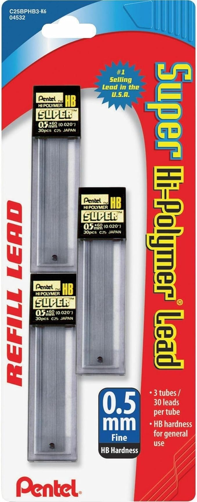 Pentel Super Hi-Polymer Lead Refills, (0.5 mm), Fine, HB, Pack of 3, 90 Pieces of Lead (C25BPHB3-K6)