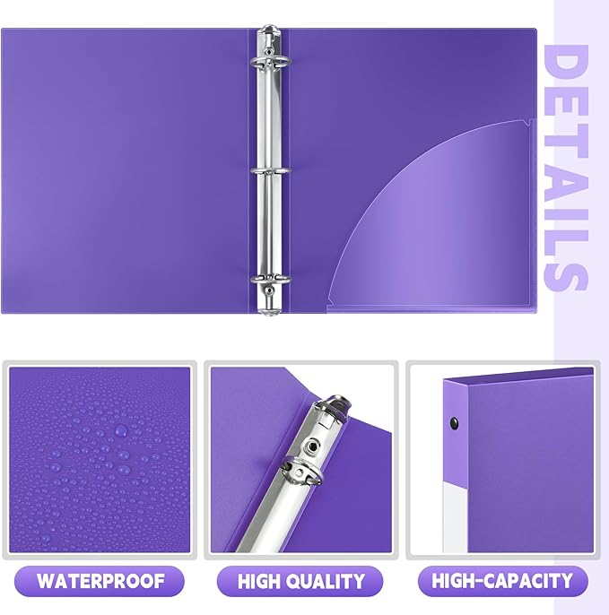 Henoyso 48 Pcs 3 Ring Binder 0.5 Inch Round Fits Letter Size 8.5'' x 11'' Paper Plastic Flexible Binder Holds 140 Sheets with 1 Pockets Versatile Organizer for Office School (Blue Green Purple Red)