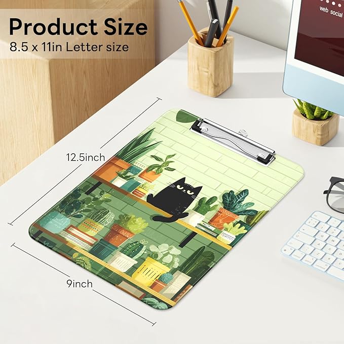 Luminzo Plastic Cute Clipboard Low-Profile Metal Clip, A4 Letter Size 9 x 12.5 in, 8.5 x 11 Paper Clip Board for Teachers, Nurses, Classroom,Cafe Black Cat