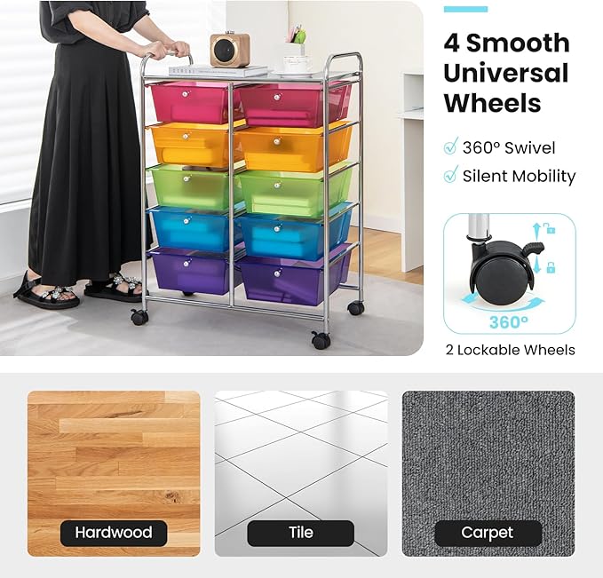 GLACER 10 Drawer Rolling Cart, Storage Cart with Lockable Whieels & Metal Frame, Trolley for Art Craft Oganizer, Mobile Utility Cart for Office, School, Classroom, Kitchen (Clear Rainbow)