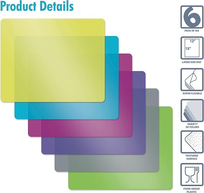 Better Kitchen Products Flexible Plastic Cutting Board Mats, Set of 6, Textured, 6 Vivid, Translucent Colors Assorted