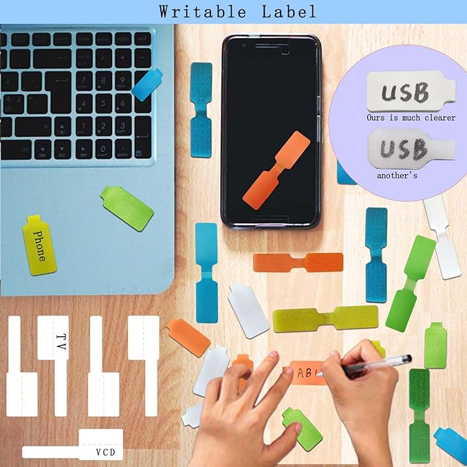 Kisajar 50-Pcs Cable Labels & Cord Tags - 20 Reusable Large Wire Tag + 30 Tear-Resistant White Cords Label,Write-On Water-Resistant Multicolor Wire Marker for Identifying Electrical and Charging Cords