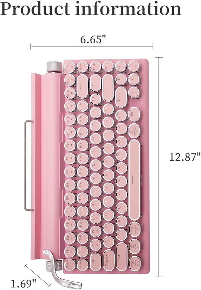 Adventurers Typewriter-Style Retro Mechanical Keyboard LED Backlight 83 Keys Bluetooth 5.0 Blue Axis Pink Color Panel Compatible with iOS/Android/Windows/Vista/Linux/Mac Office/Gaming, 12.3x6.6x1.6in