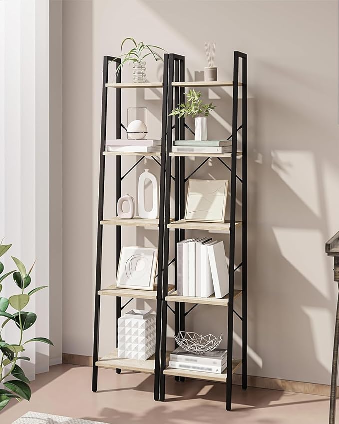 Hzuaneri Ladder Shelf, Bookshelf Bookcase, Freestanding Corner Storage Shelve with 2 Hooks for Home Office, Living Room, Kitchen, Bedroom, Industrial, 11.8" D x 13.4" W x 63" H, Greige BC03205B