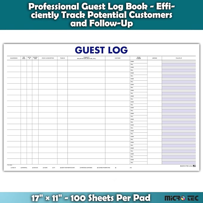 Guest Log Book for Automotive Dealerships – Customer Sign-in Tracking Log – 17" × 11" Visitor Registration Book – 100-Sheet Pad for Auto Service Centers, Repair Shops, Lead Management - 1 Pad