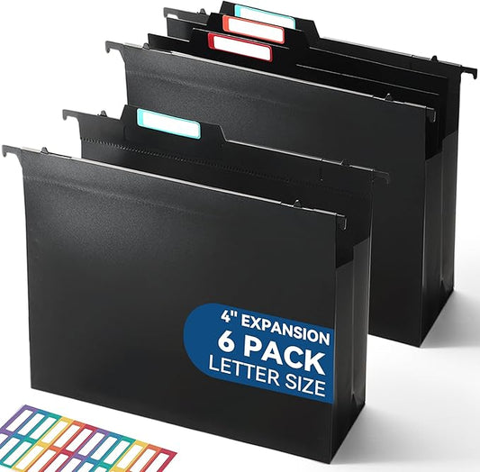 SortRax Plastic High Capacity Hanging File Folders, Letter Size, 4" Expanding Accordion Pocket with Movable Dividers, Heavy Duty for Filing Cabinet, Insertable Tabs, 6 Pack