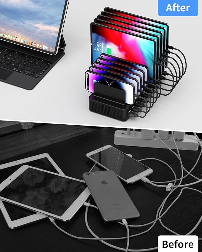 270W Charging Station for Multiple Devices, 20-Port USB Fast Charging Station with Adjustable Dividers & 10 Cables, Multi Device Organizer Charging Dock for iPhone, iPad, Tablets & More