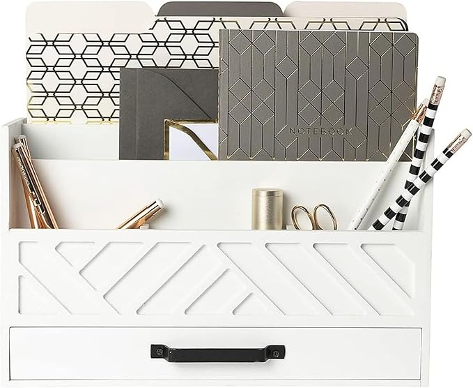 BLU MONACO | White Wooden Mail Organizer with Drawer | Desktop Mail Sorter & Countertop Bill Holder for Home Office | Multi-Compartment Desk Organizer with Farmhouse Style
