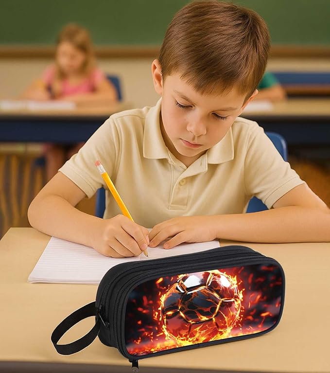 AnySmic Soccer Pencil Case for Boys Girls, Primary Elementary School Large Pencil Pouch Gifts for Kids, Polyester Big Capacity Pen Case, Double Zipper, Pen Bag Organizer