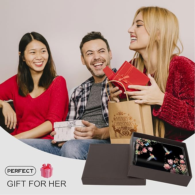 BWEGRHE Cute Credit Card Holder with Zipper, Hummingbird Floral Sakura RFID-Blocking Card Case Small Wallet for Women Men, Multi-slot Card Organizer Case Travel Accordion Wallet