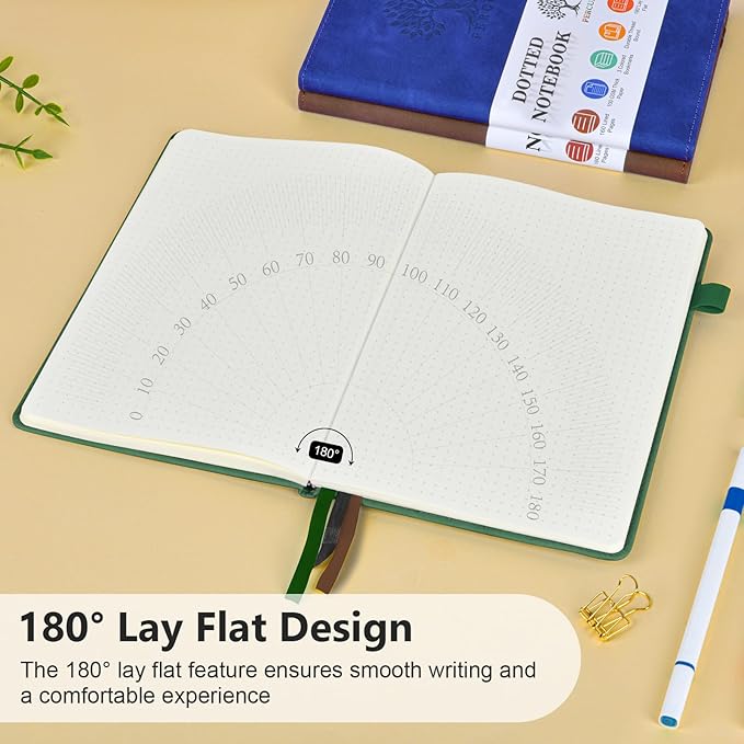 PERCUN Dotted Journal Notebook for Men & Women, 160 Pages Dot Grid notebook for Note Taking, Bullet Journaling Notebook for Work, School, Travel, Writing, A5 Hardcover 5.9" x 8.5" (Green)