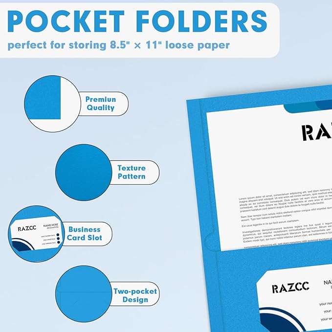 Two Pocket Folders, RAZCC 50 Pack 2 Pocket Folders Fit Letter Size Paper, Paper Folders with Pockets for School Office Business Home (Blue)