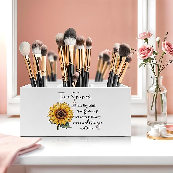 Exqcom Friend Gifts Pen Pencil Holder, Long Distance Friendship Gifts, True Friends Are Like Bright Sunflowers Pencil Pen Holder Organizer for Home Office Desk Accessories