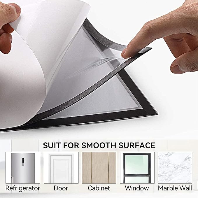 JIUYE Magnetic Sign Holder 8.5 x 11 Wall Mount,Self Adhesive Picture Display Frame as Document Poster Paper Holder,Magnetic Framed Holder with Clear PVC Cover,Black 6pcs