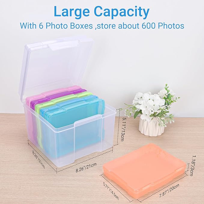 COSICS Photo Storage Box 5" x 7", Extra Large Transparent Plastic Photo Organizer Craft Keeper with 6 Colorful Inner Case for Cards, Pictures, Stamps, Stickers, Seeds, Office Supplies