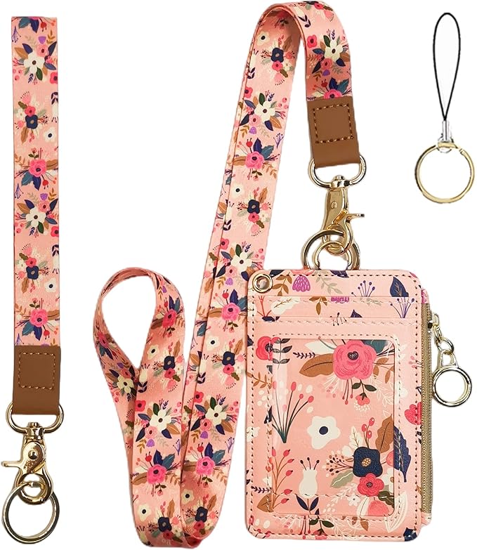 Blooming Flower Badge Holder with Lanyard, Women's Lanyard Wallet, Id Badges Holder for Nurse, Teacher, Student, Office (Pink Floral)