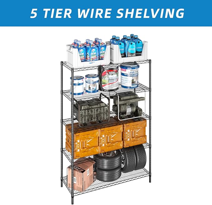 Guan River 5-Shelf Adjustable Metal Shelf Wire Shelving Unit Heavy Duty Storage Rack Display Shelf for Office,Kitchen,Bedroom,Bathroom,Laundry,Pantry Basement,Garage(Black,48" L x 18" W x 72" H)