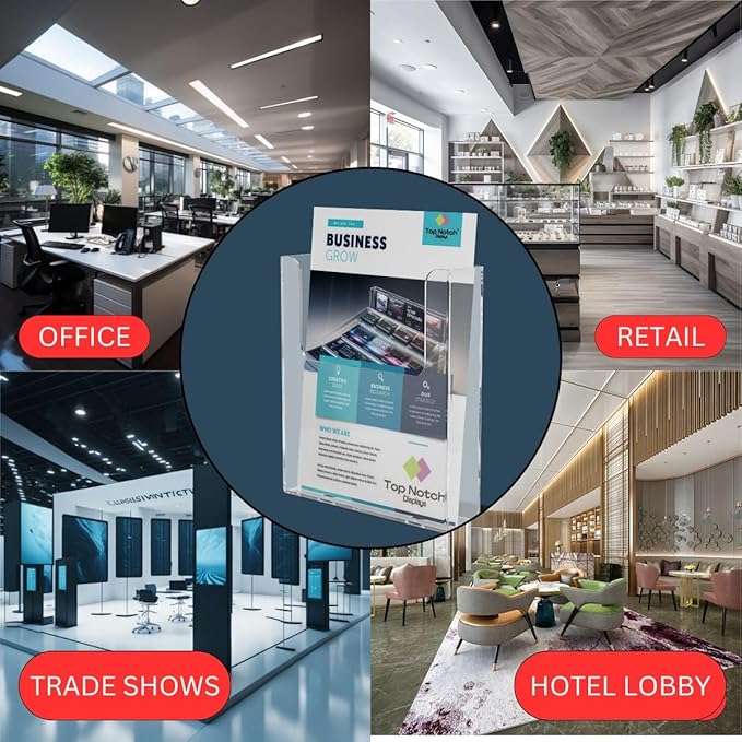 Top Notch Displays Acrylic Brochure Holder for Wall Mounting, Clear Display for 8.5" x 11" Flyers, Literature Holder for Magazines, Pamphlets, Menus, Includes Screws & Plastic Anchors – Pack of 8