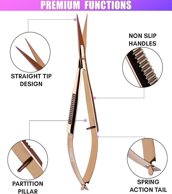Cross Edge Spring Scissors 5 Inch straight Stainless Steel Precision Eyebrow & Eyelash Shaping & Trimming Scissor, Snips Squeeze, Embroidery, Knitting Micro Tip Craft Scissors (Rose Gold)