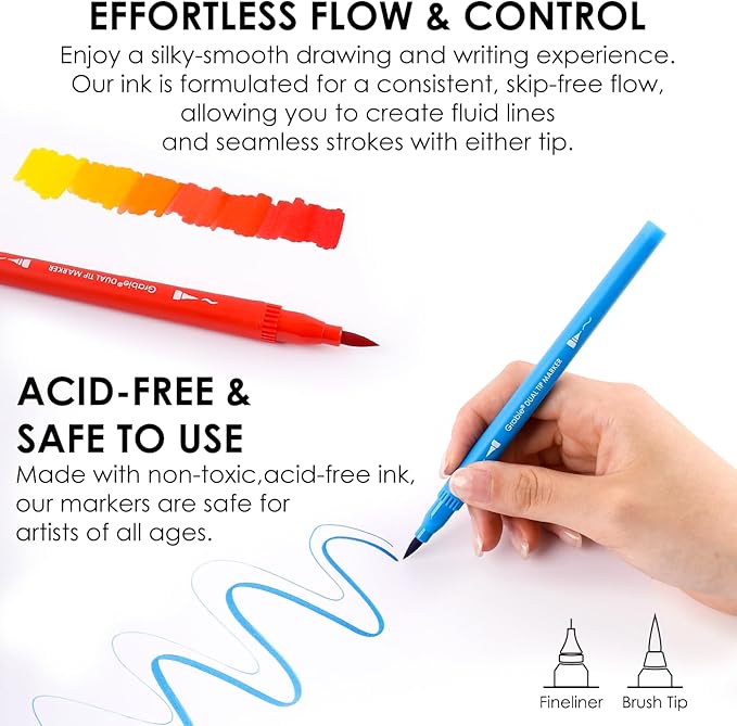 Grabie Dual Tip Water-Based Sketch Marker Set of 100, Fineliner & Brush Drawing Pens, Brush Marker Pens, 100 Colored Markers for Adult Coloring Books No Bleeding, Drawing, Sketching