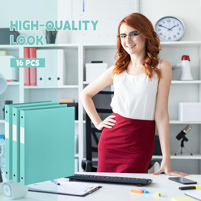 Henoyso 16 Pcs 3 Ring Binder 0.5 Inch Round Fits Letter Size 8.5'' x 11'' Paper Plastic Flexible Binder Bulk Holds 140 Sheets with 1 Pockets Versatile Organizer for Home Office School (Mint Green)