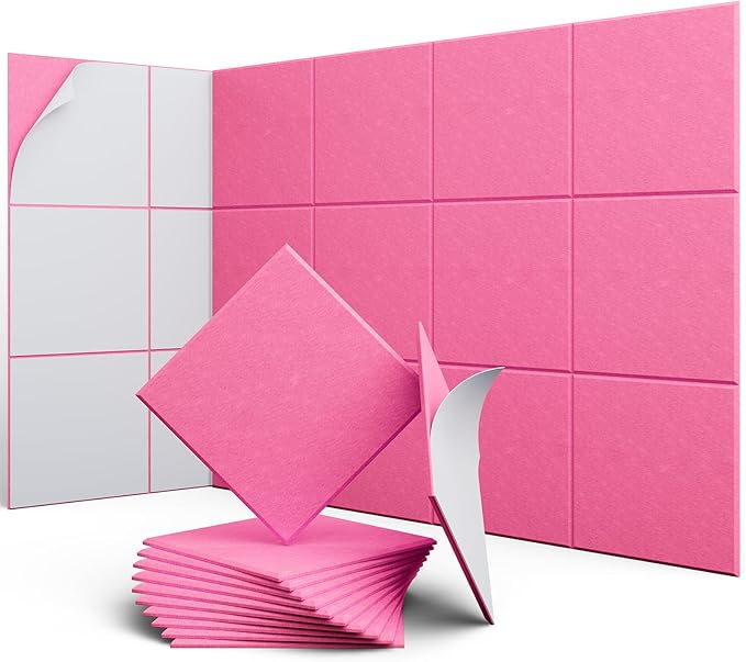 UNECHO 12 Pack 12" X 12" X 0.4" Acoustic Panels for Wall Sound Absorbing, Square Self-Adhesive Sound Panel, High Density Suitable for Multiple Scenarios(PeachPink)