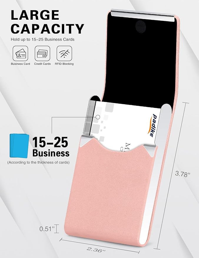 Padike Professional Business Card Holder PU Leather Business Card Case Name Card Holder Slim Metal Pocket Card Holder with Magnetic Shut (Y-Pink)