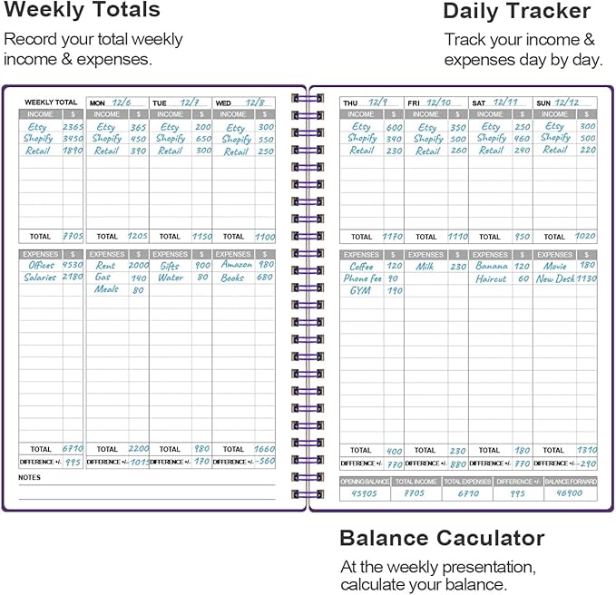 Heveboik Income & Expense Log Book - A5 Income and Expense Tracker for Small Business, Accounting Bookkeeping Tracking for Woman and Man, 5.8" x 8.3", Purple