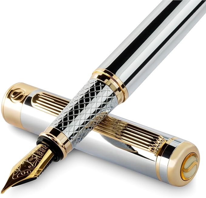Scriveiner Silver Chrome Fountain Pen - Stunning Luxury Pen, Real Gold Finish Schmidt Gilded Nib (Medium), Best Pen Gift Set for Men & Women, Professional, Executive Office, Nice Pens