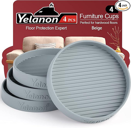 Furniture Coasters - 4 Pcs 4”Round Furniture Caster Cups - Non Slip Pads Hardwoods Floors Non Skid Furniture Grippers Rubber Furniture Feet Anti Slide Floor Protector for Bed Couch Stoppers Gray