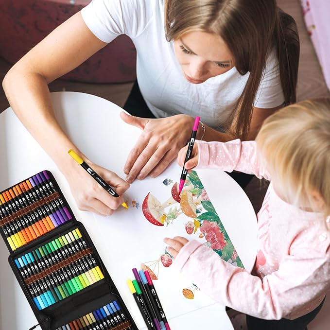 Mzh Art Coloring Pens,72 Dual Tip Brush Markers with Fineliner & Brush Felt Tip Pens Set, Art Watercolour Marker with Case for Adults Kids Colouring Calligraphy Drawing Sketching