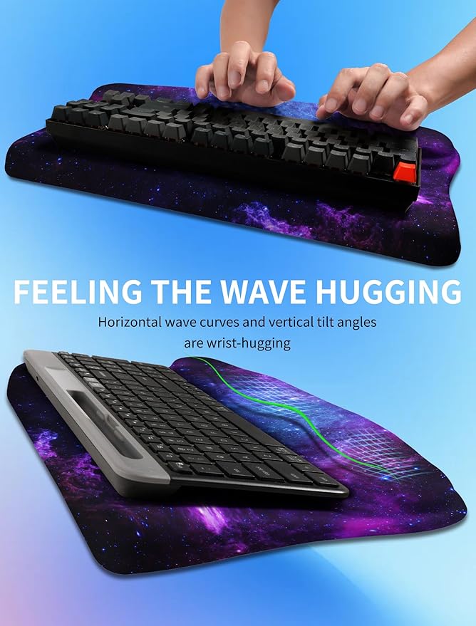KUOSGM Ergonomic Wave Wrist Rest with Keyboard Stand, Cushioned Palm Rest, Comfortable Integrated Memory Foam for Natural Typing and Relieve Wrist Pain, Deep Galaxy