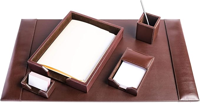 DACASSO Bonded Leather Desk Set - Luxury Leather Desk Pad & Desk Organization Essentials - Office Organization & Executive Desk Decor - (Dark Brown, 5 Piece)