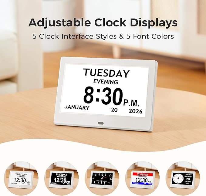 7'' Digital Clock, Dementia Clock With Date And Time, 10 Reminders, 6 Alarms, Auto-Dimming, Auto DST, Remote Control, Large Display Alarm Clock For Seniors, Gifts For People With Dementia, White