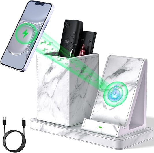 LADSTAG Multi-Functional Pencil Holder for Desk,marble Vegan Leather Organizers with Remote Control Holder,Pencil Holder Desk Organizer with Phone Wireless Charger for Office/Nightstand/Endtable