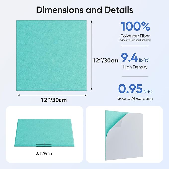 UNECHO 12 Pack 12" X 12" X 0.4" Acoustic Panels for Wall Sound Absorbing, Square Self-Adhesive Sound Panel, High Density Suitable for Multiple Scenarios(Viking Blue)