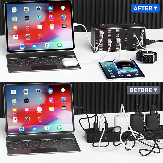 250W Charging Station for Multiple Devices, (20 USB C+30 USB A), Stations for MacBook, iPhone, Android Cell Phone, iPad, Tablet, Family Multi-Device Organizer Charging Dock (Black)