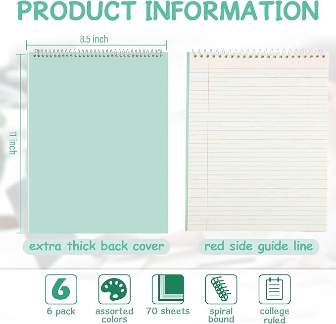 Maitys 6 Pcs Legal Pad Steno Spiral Notebook 8.5" x 11" Top Bound Spiral Pads Hard Cover College Ruled Notepad 70 Sheet Pad for School Office University Home(Cute Color,Iridescent Style)
