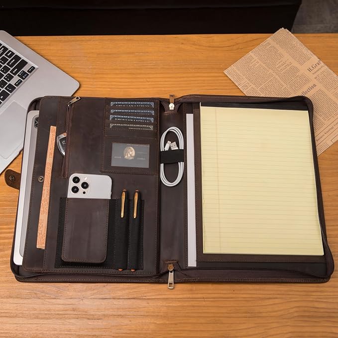 Geslun Genuine Leather Portfolio, Legal Size 8.5 x 14 Pad Holder, Business Padfolio for Men and Women, Zippered 14" Laptop Organizer, Executive Professional Work Travel Notepad Folio, Dark Brown