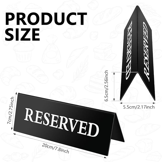 6 Pieces Table Top Reserved Sign Table Signs Reserved Seating Signs Double Sided Table Tent Sign for Wedding Restaurant Family Ceremony Events (White Words Black Background,7.8 x 2.75 Inches)