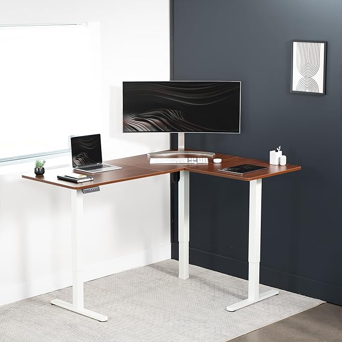 VIVO Electric Corner 63 x 47 inch L-Shaped Standing Desk, Memory Height Adjustment, Dark Walnut Top White Frame, DESK-E3CTWD-47
