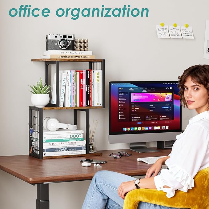 Vfelf Desktop Bookshelf,3-Tier Desk Organizer Shelf with Hooks Desk Organization Deals for Office Storage Rustic Brown