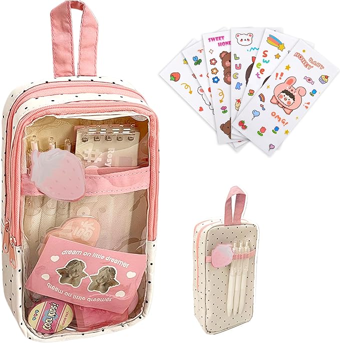 UINSUE Cute Pen case Adorable Bunny Transparent 3-Layer Large Capacity Pencil Case Gadget organizer with Lovely Stickers (Pink Polka Dot)