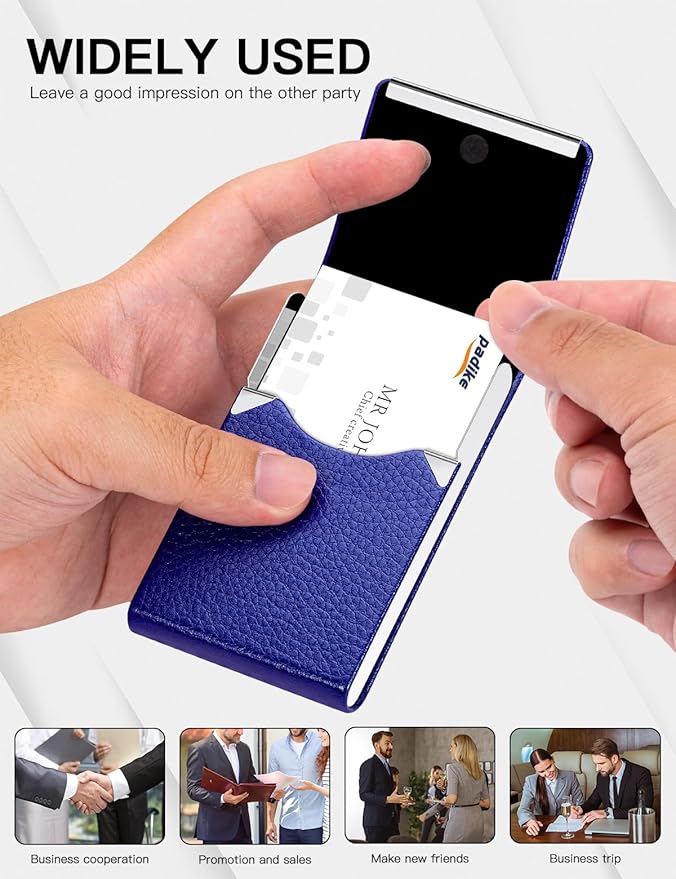 Padike Professional Business Card Holder PU Leather Business Card Case Name Card Holder Slim Metal Pocket Card Holder with Magnetic Shut (Blue)